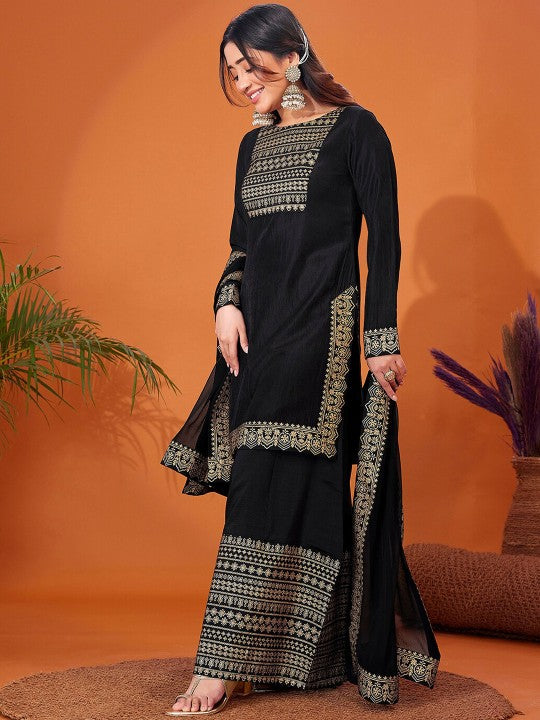 Foil Printed Long Sleeves Regular Kurta With Palazzos & Dupatta