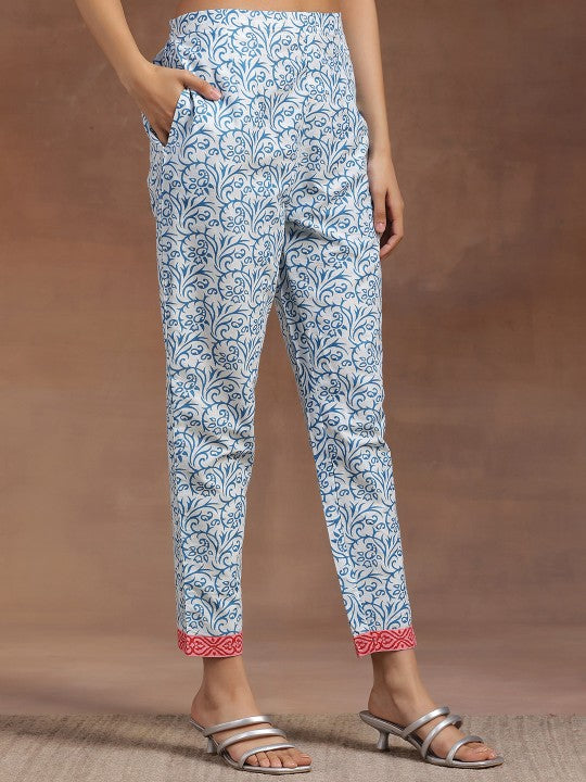 Women Blue Floral Printed Pure Cotton Kurta with Trousers & With Dupatta