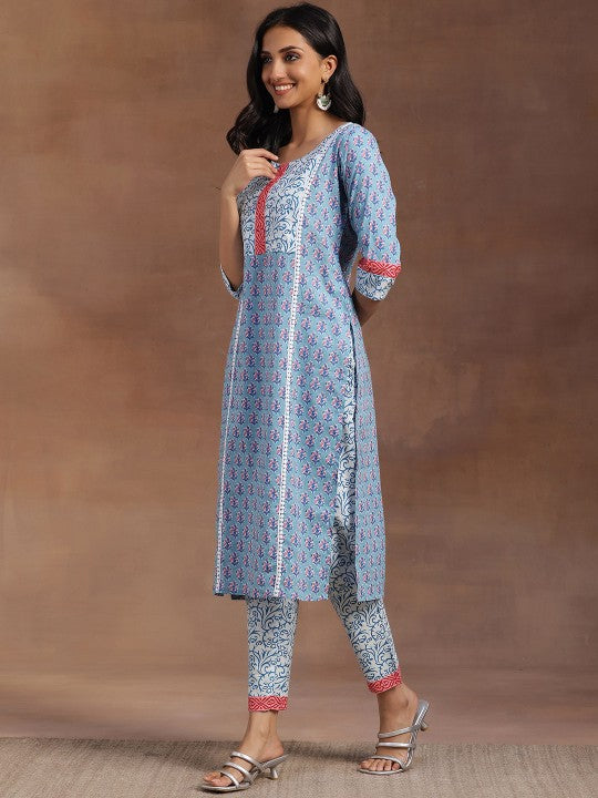 Women Blue Floral Printed Pure Cotton Kurta with Trousers & With Dupatta