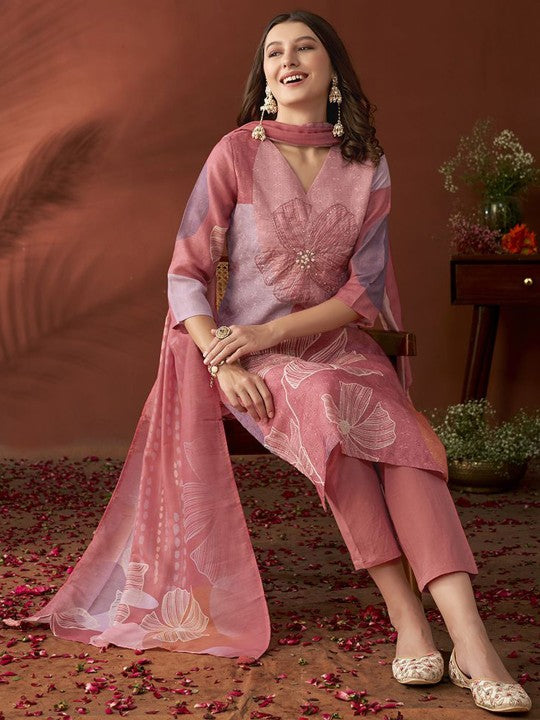 Mauve Ethnic Motifs Embroidered Beads & Stones Linen Kurta with Trousers & Dupatta
