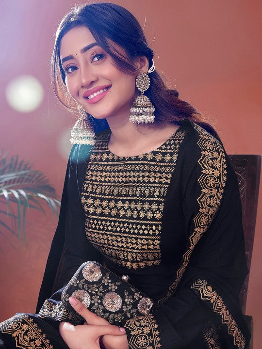 Foil Printed Long Sleeves Regular Kurta With Palazzos & Dupatta