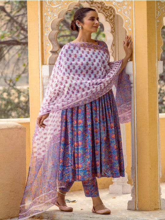 Floral Printed Anarkali Kurta With Trouser And Dupatta