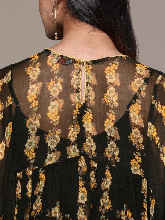 Floral Print Flared Sleeves Chiffon Longline Top