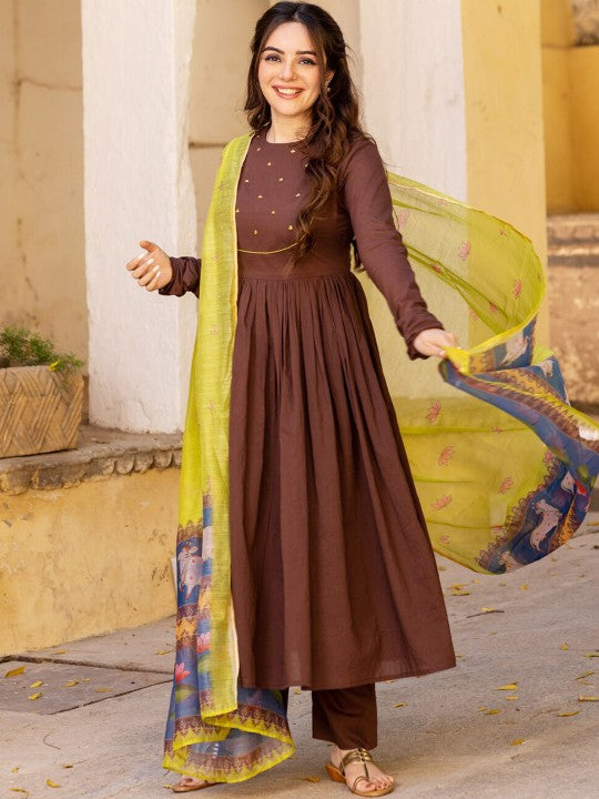 Yoke Design Regular Kurta with Trousers & With Dupatta