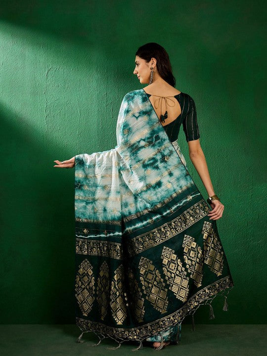 Green Ethnic Motifs Woven Design Dyed Banarasi Sarees