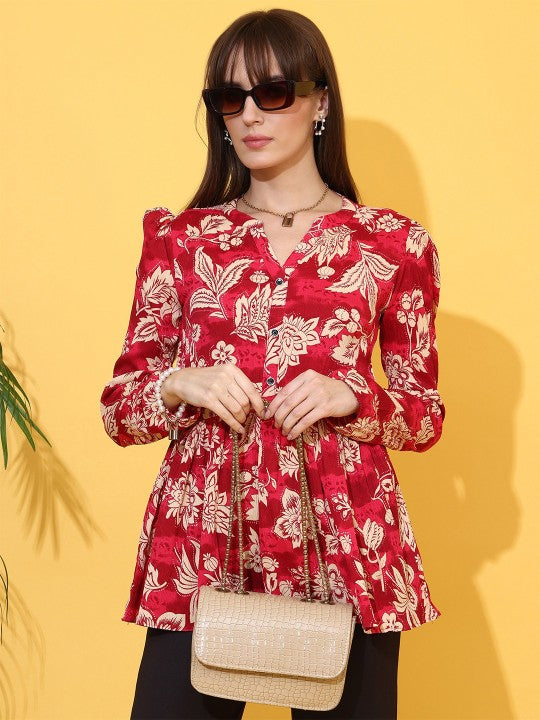 Women Floral Printed Mandarin Collar Peplum Crepe Top