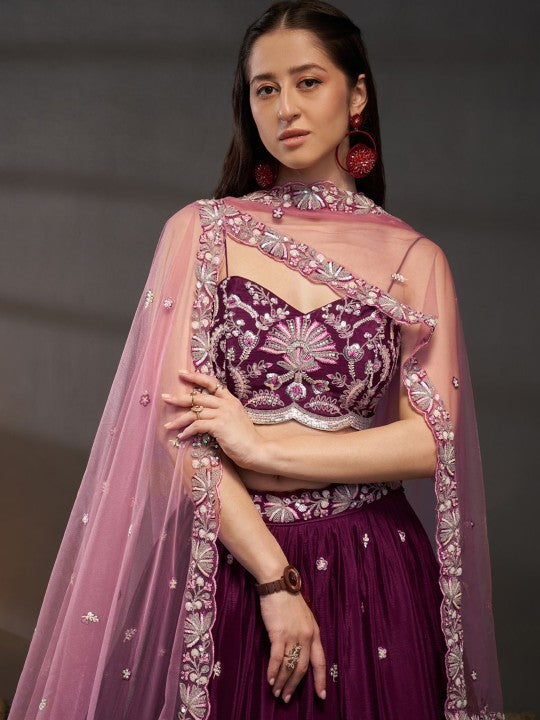 Embroidered Sequinned Semi-Stitched Lehenga & Unstitched Blouse With Dupatta