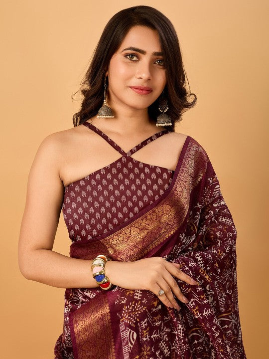 Warli Printed Zari Silk Cotton Chanderi Saree