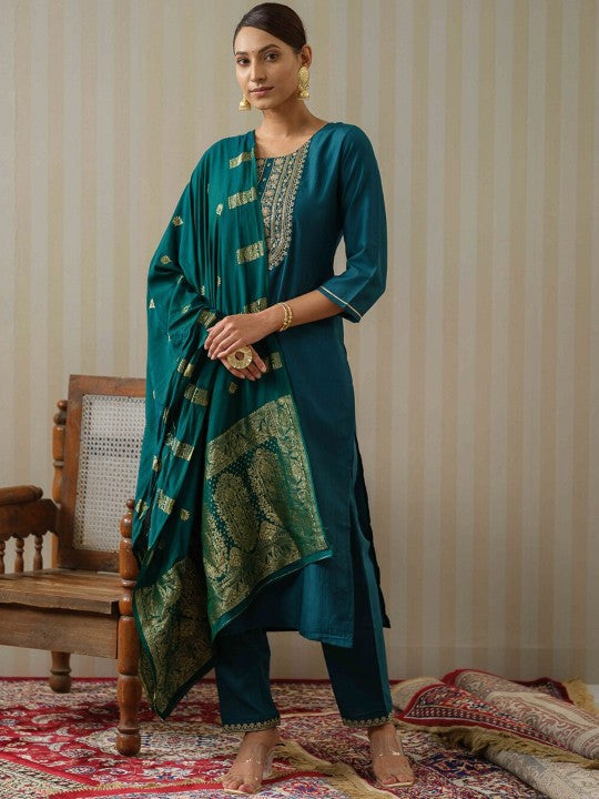 Blue Ethnic Motifs Straight Kurta & Trousers With Dupatta