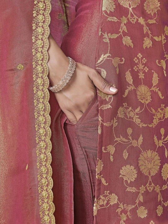 Ethnic Motifs Woven Design Sequinned Jacquard Straight Kurta With Trouser & Dupatta