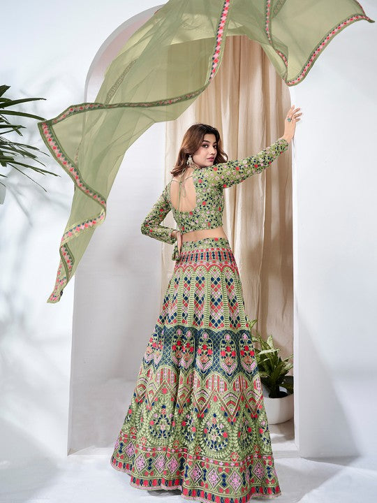 Thread Work Semi-Stitched Lehenga & Unstitched Blouse With Dupatta For Women