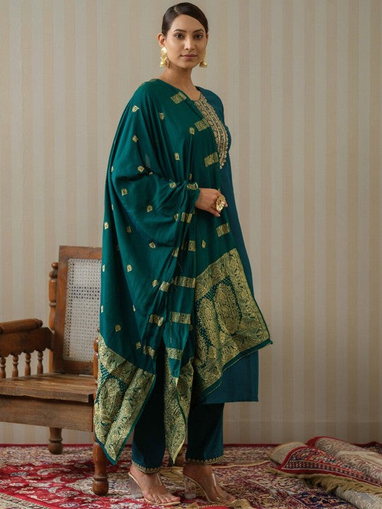 Blue Ethnic Motifs Straight Kurta & Trousers With Dupatta