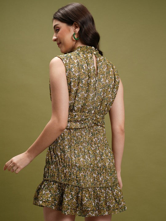 Beige & Green Floral Printed A-Line Mini Dress