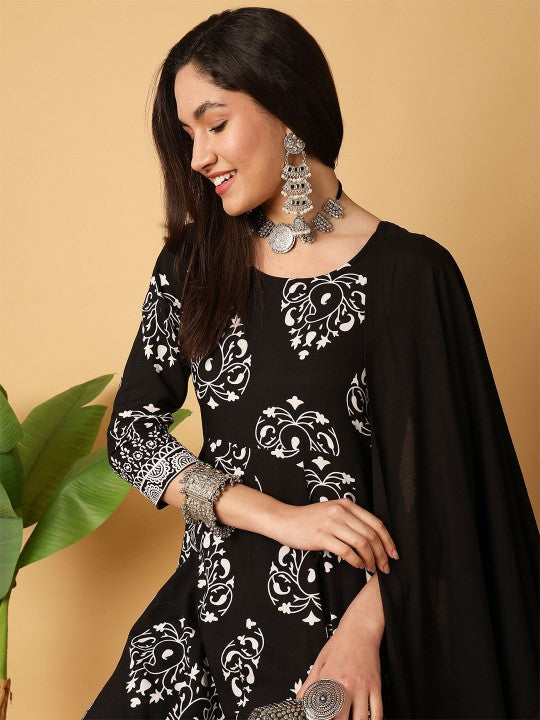 Floral Printed Anarkali Kurta With Palazzos And Dupatta
