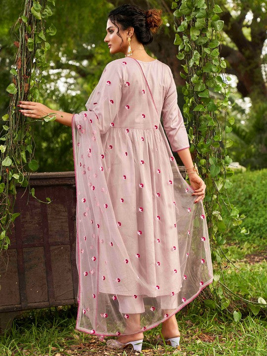 Floral Yoke Design Pleated Thread Work Kurta With Trousers & Dupatta
