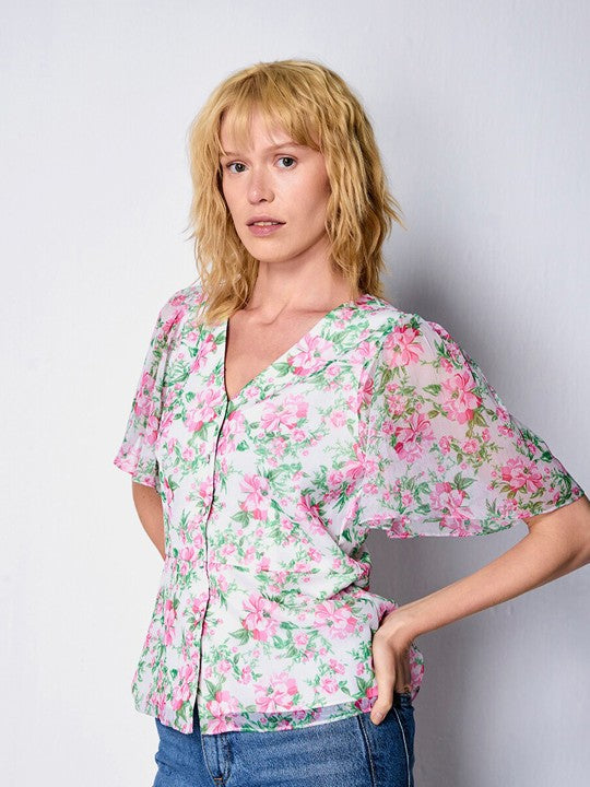 Floral Print Flared Sleeve Chiffon Shirt Style Top