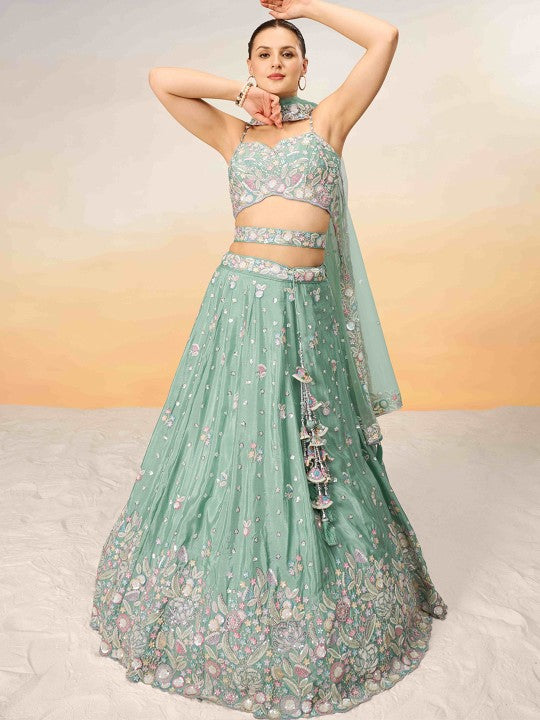 Embroidered Sequinned Semi-Stitched Lehenga & Unstitched Blouse With Dupatta