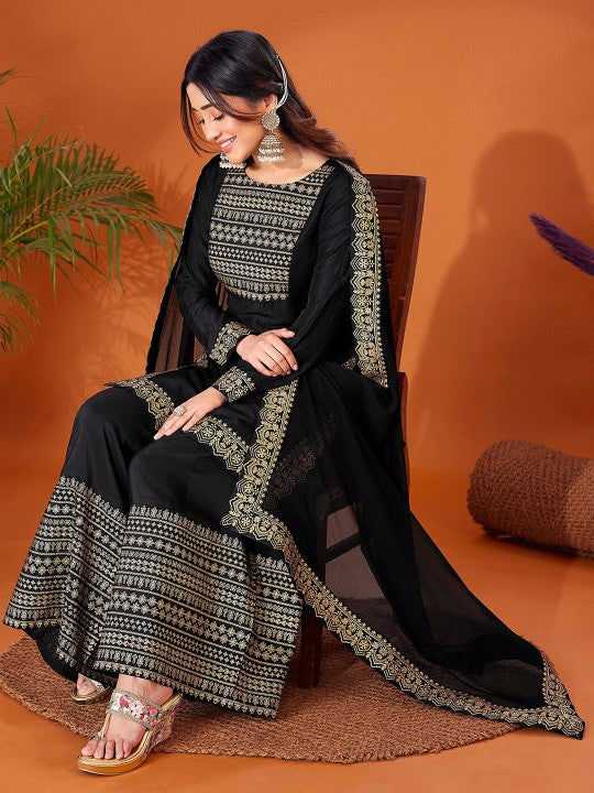 Foil Printed Long Sleeves Regular Kurta With Palazzos & Dupatta