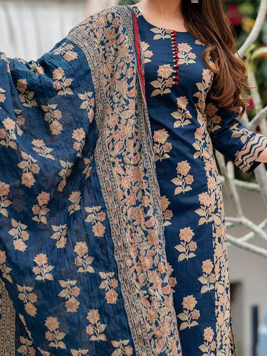Floral Printed Straight Kurta with Trousers & Dupatta