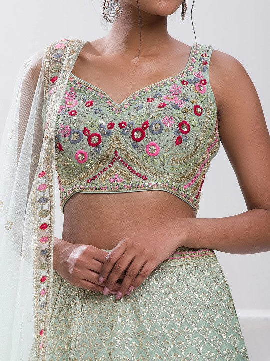 Embroidered Sequinned Semi-Stitched Lehenga & Unstitched Blouse With Dupatta