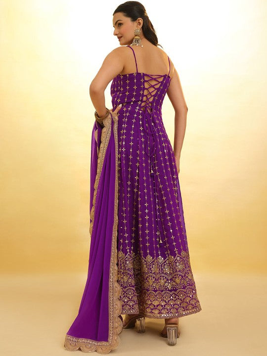 Floral Embroidered Shoulder Straps Sequinned Anarkali Kurta With Salwar & Dupatta