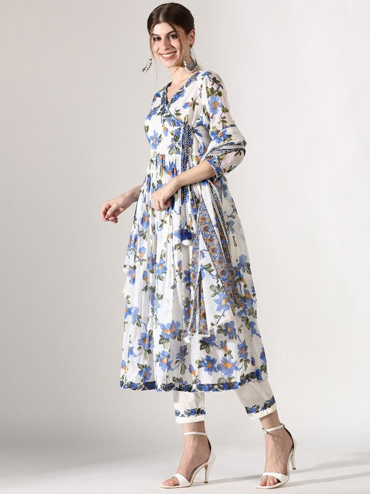 Floral Printed Thread Work Pure Cotton Straight Kurta with Trousers & Dupatta