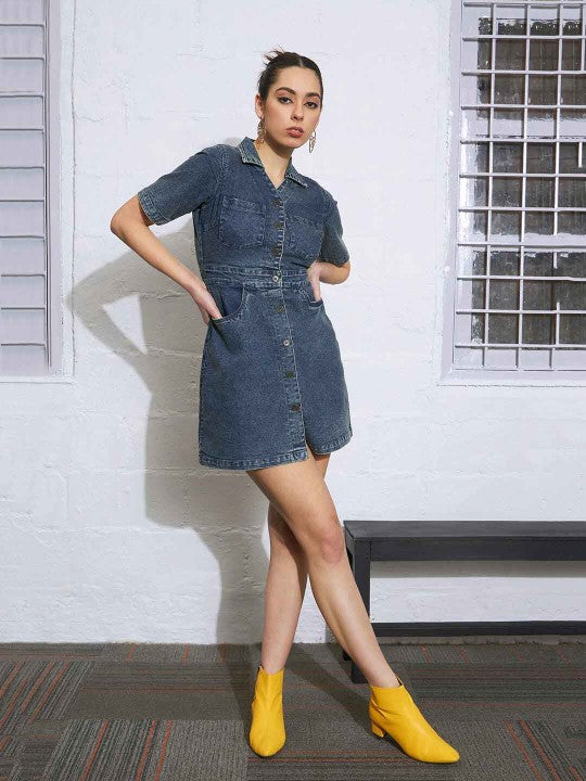 Shirt Collar Denim Mini Shirt Dress