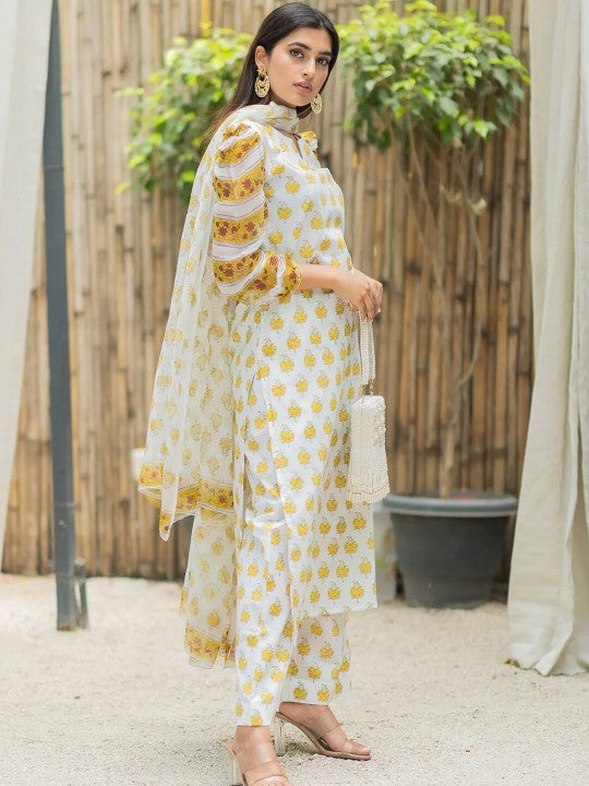 Ethnic Motifs Printed Straight Kurta with Trousers & Dupatta