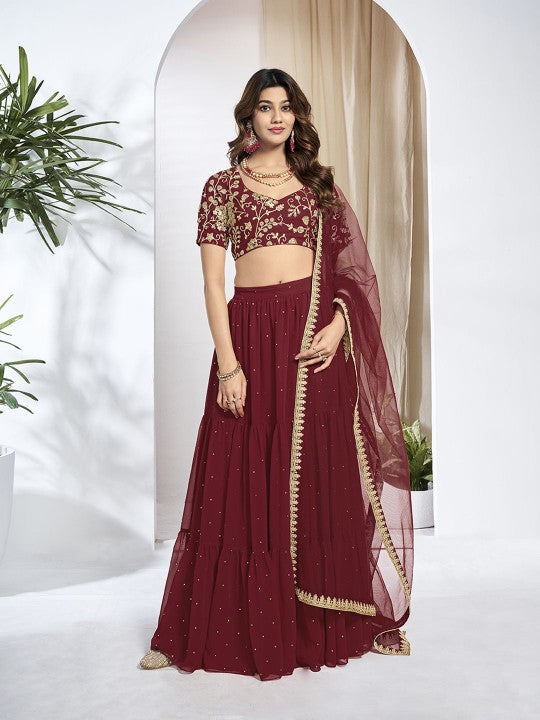 Embroidered Sequinned Semi-Stitched Lehenga & Unstitched Blouse With Dupatta