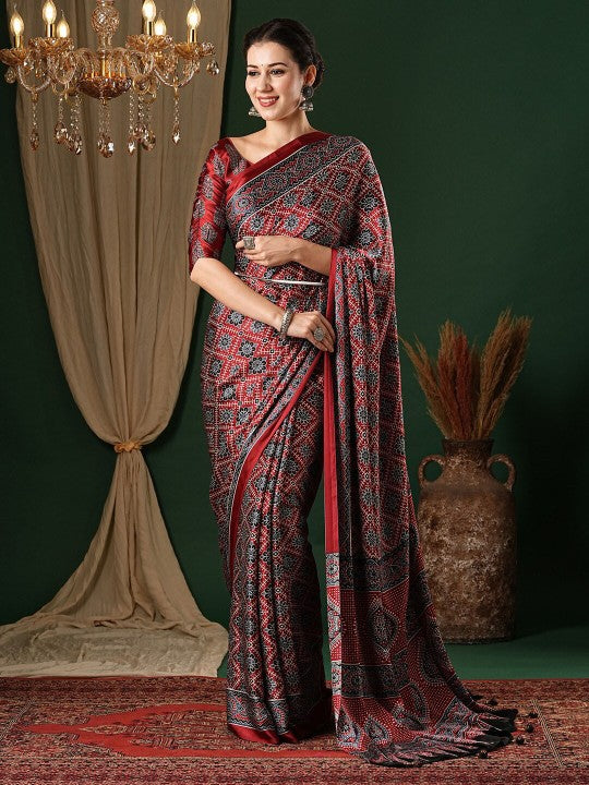 Ethnic Motifs Pure Crepe Saree With Blouse Piece