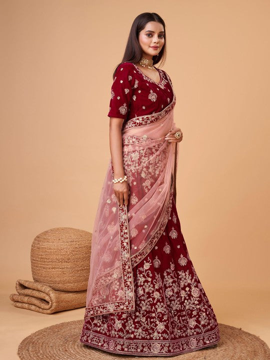 Embroidered Sequinned Semi-Stitched Lehenga & Unstitched Blouse With Dupatta