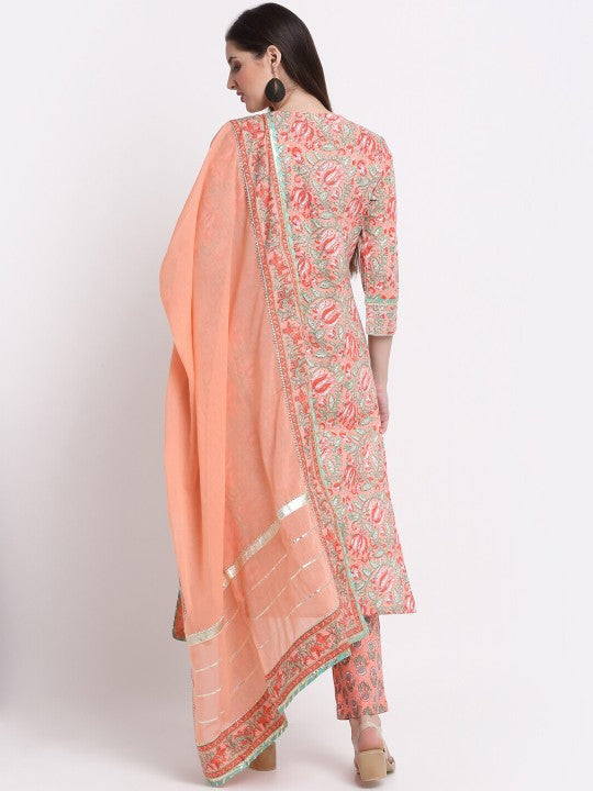 Women Peach-Coloured Paisley Printed Pure Cotton Kurta with Trousers & With Dupatta