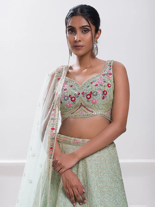 Embroidered Sequinned Semi-Stitched Lehenga & Unstitched Blouse With Dupatta