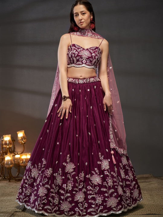 Embroidered Sequinned Semi-Stitched Lehenga & Unstitched Blouse With Dupatta
