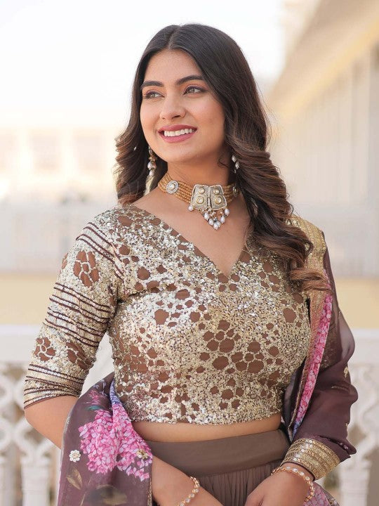 Embroidered Sequinned Semi-Stitched Lehenga & Unstitched Blouse With Dupatta