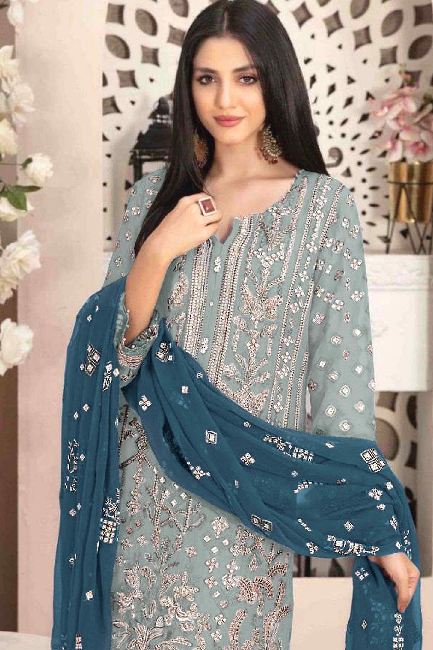 Blue Floral Embroidered With Handwork Georgette Semi Stitched Suit
