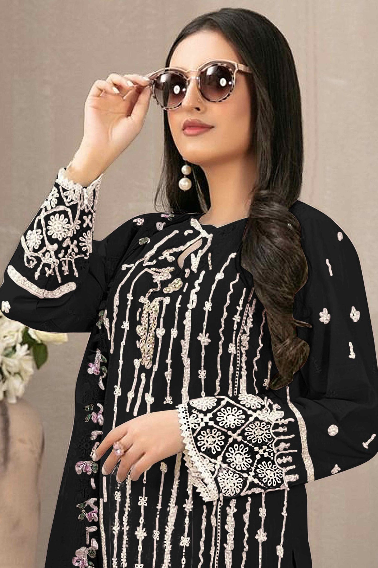Black Floral Embroidered Georgette Semi Stitched Suit