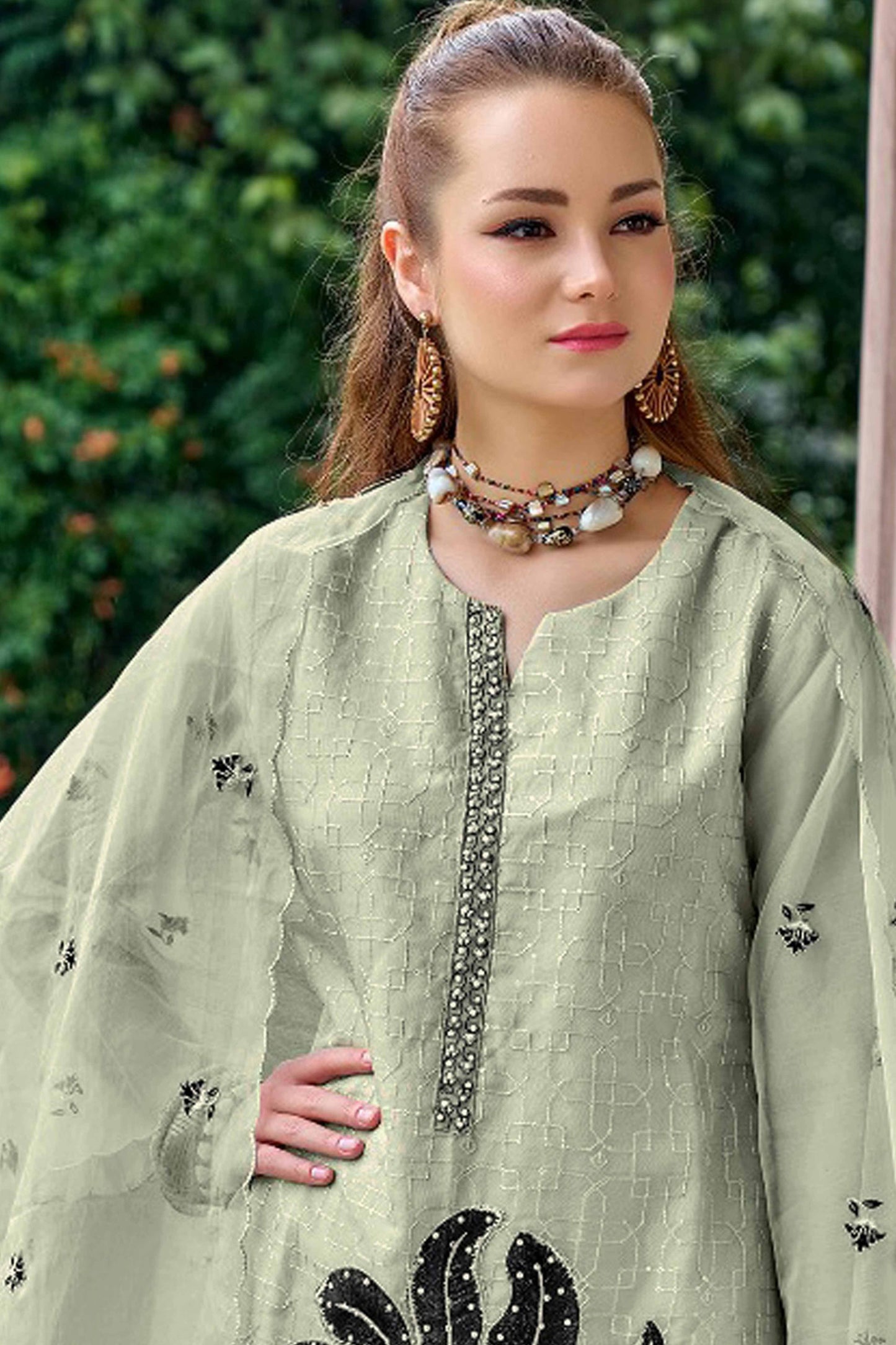 Pista Green Floral Sequins Embroidered Organza Semi Stitched Suit
