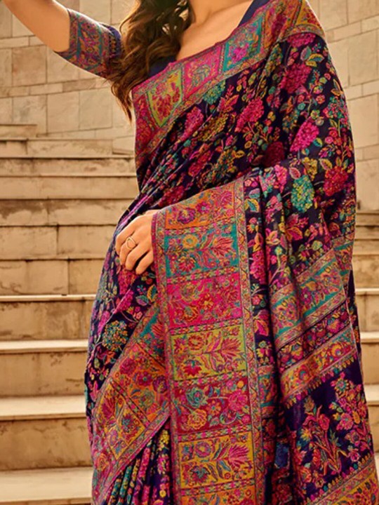 Navy Blue Floral Printed Woven Design Saree