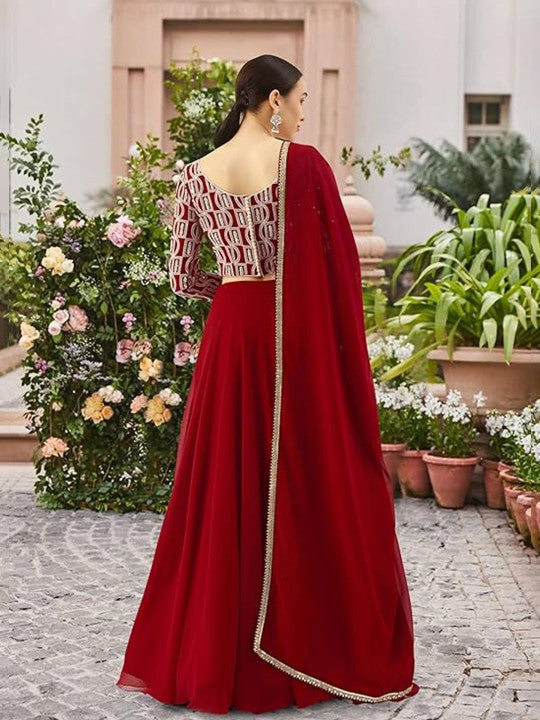 Embroidered Sequinned Semi-Stitched Red Lehenga & Unstitched Blouse With Dupatta