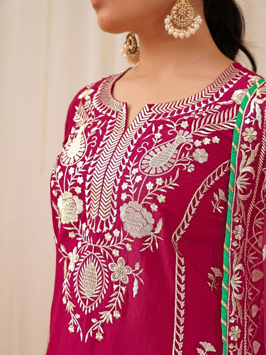 Floral Embroidered Regular Thread Work Kurta with Palazzos & Dupatta