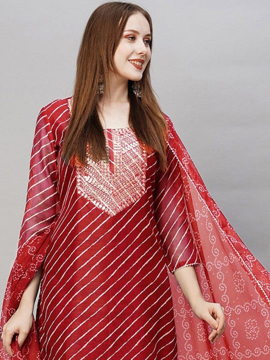Leheriya Printed Sequinned Straight Kurta with Trousers & Dupatta
