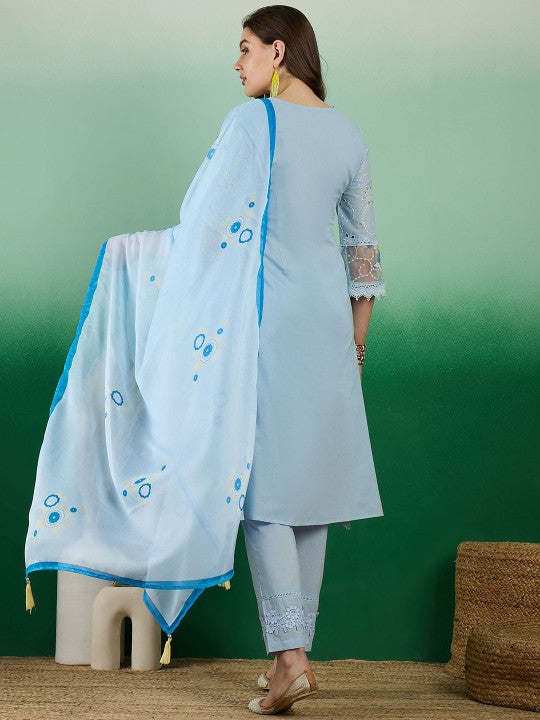 Embroidered Cotton Straight Kurta With Trouser & Dupatta Set