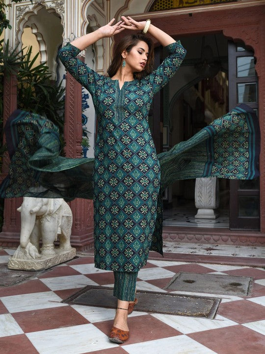 Women Printed Regular Kurta with Trousers & With Dupatta