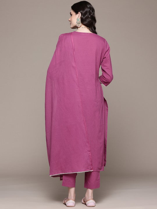 Floral Embroidered Pure Cotton Kurta with Trousers & Dupatta