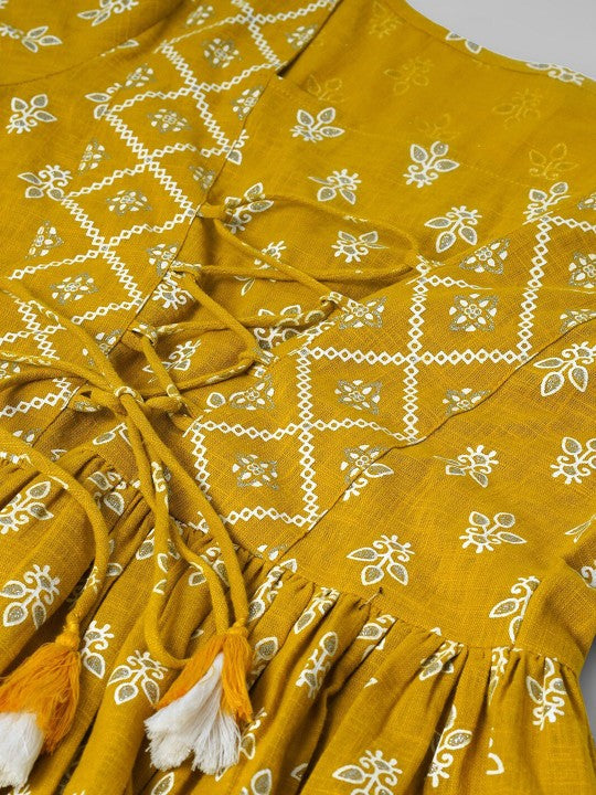 Mustard Yellow & Off White Print Cinched Waist Longline Top