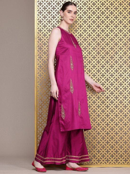 Jashn Ethnic Motifs Embroidered Zari Work Kurta With Palazzos & Dupatta