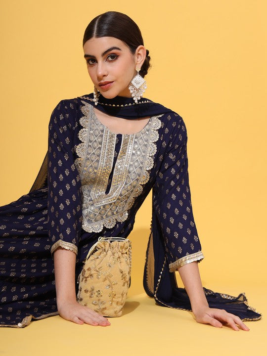 Round Neck Ethnic Motifs Printed Panelled Thread Work Kurta Set