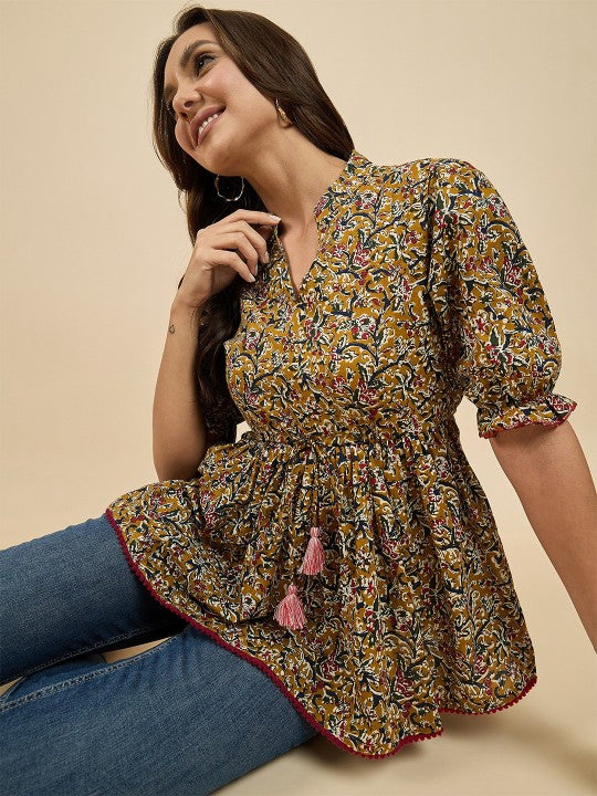 Floral Printed Mandarin Collar Cotton Pleated A-Line Top