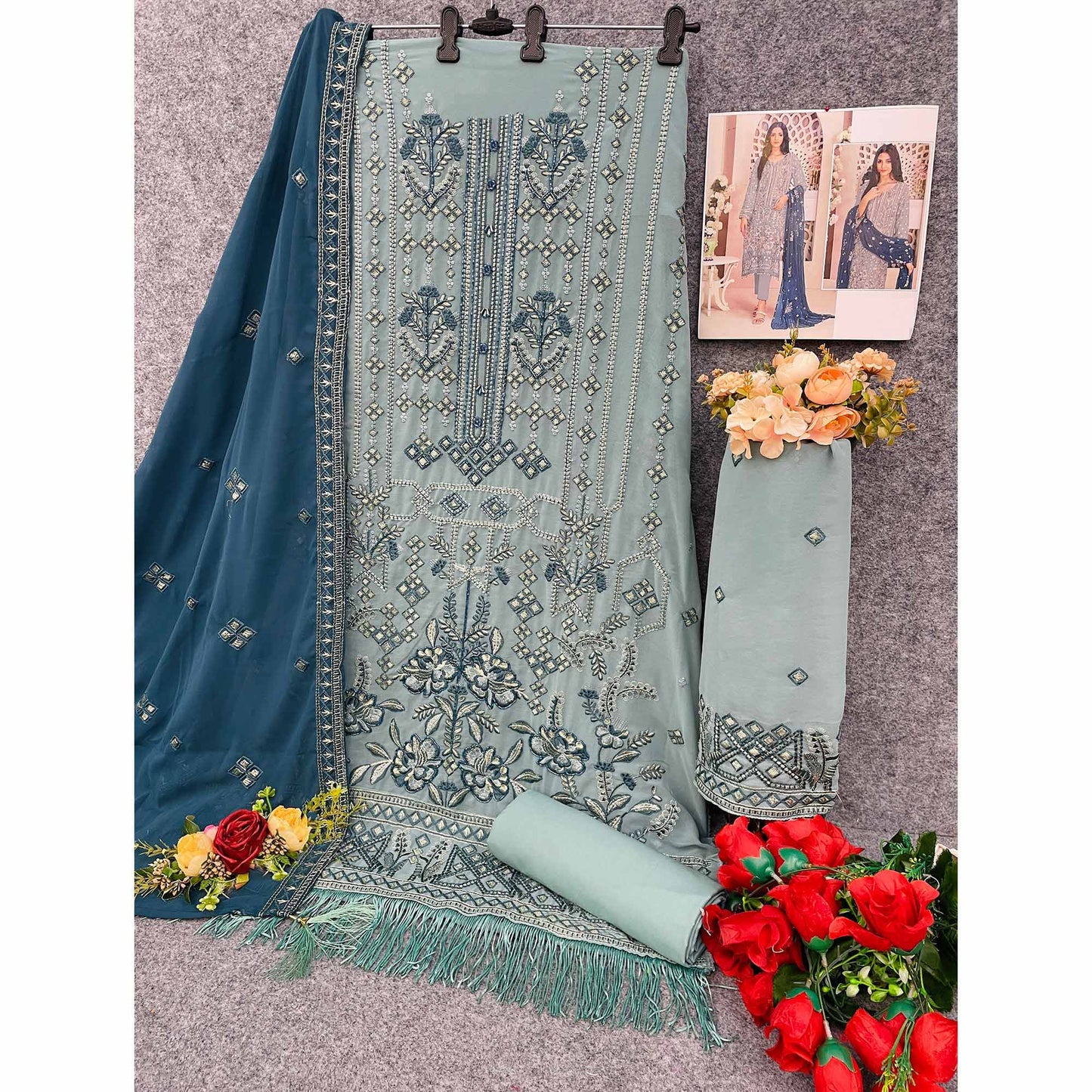 Blue Floral Embroidered With Handwork Georgette Semi Stitched Suit